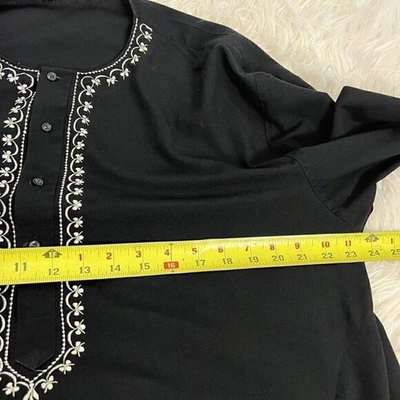 Womens Black Oversized Boho Tunic Top Long Sleeve White Floral Embroidered - Picture 5 of 11